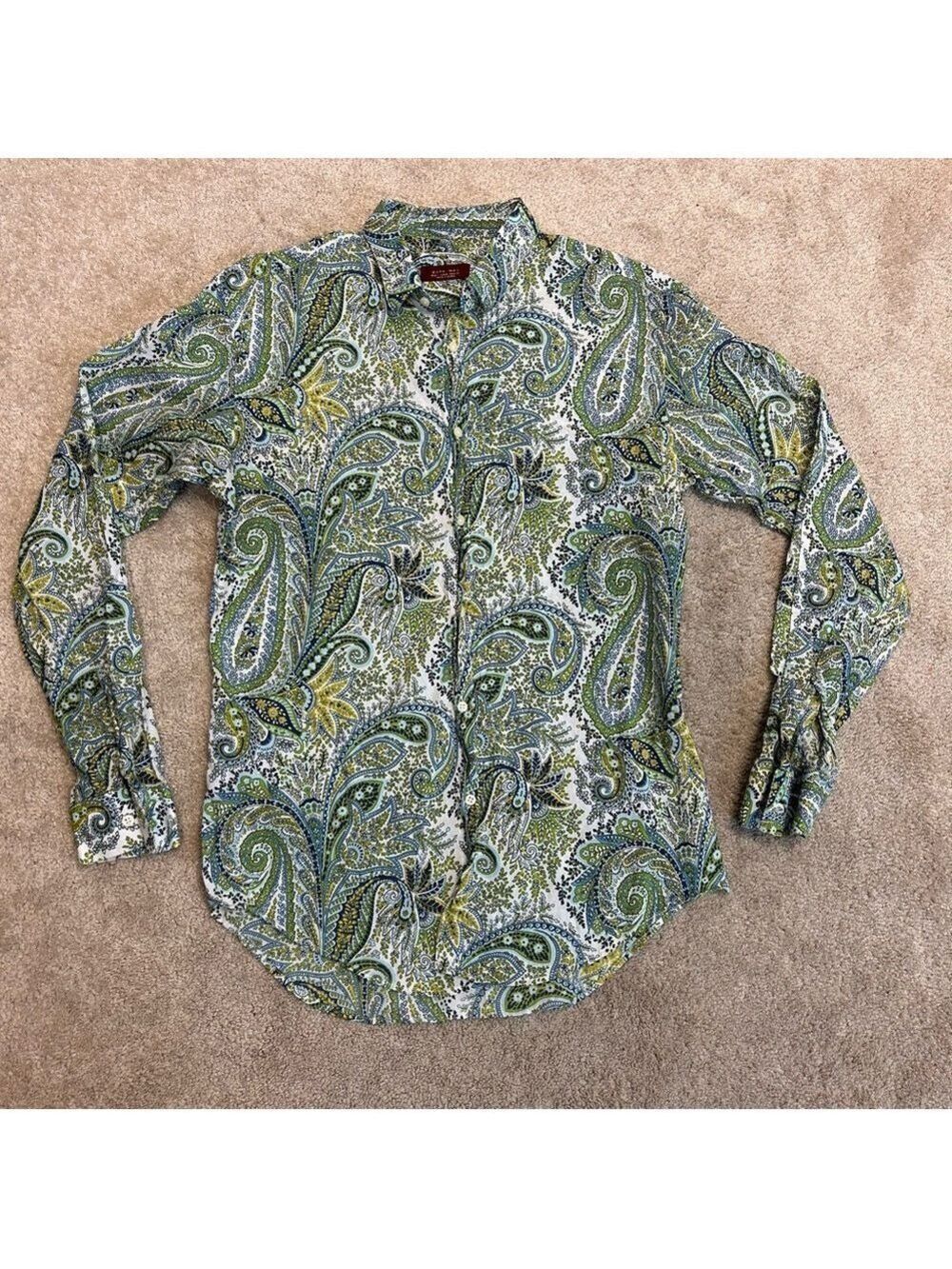 Zara men’s green blue paisley print tropical button down shirt long sleeve Sz L
